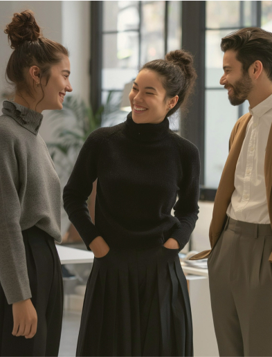 Three people smiling and talking indoors.